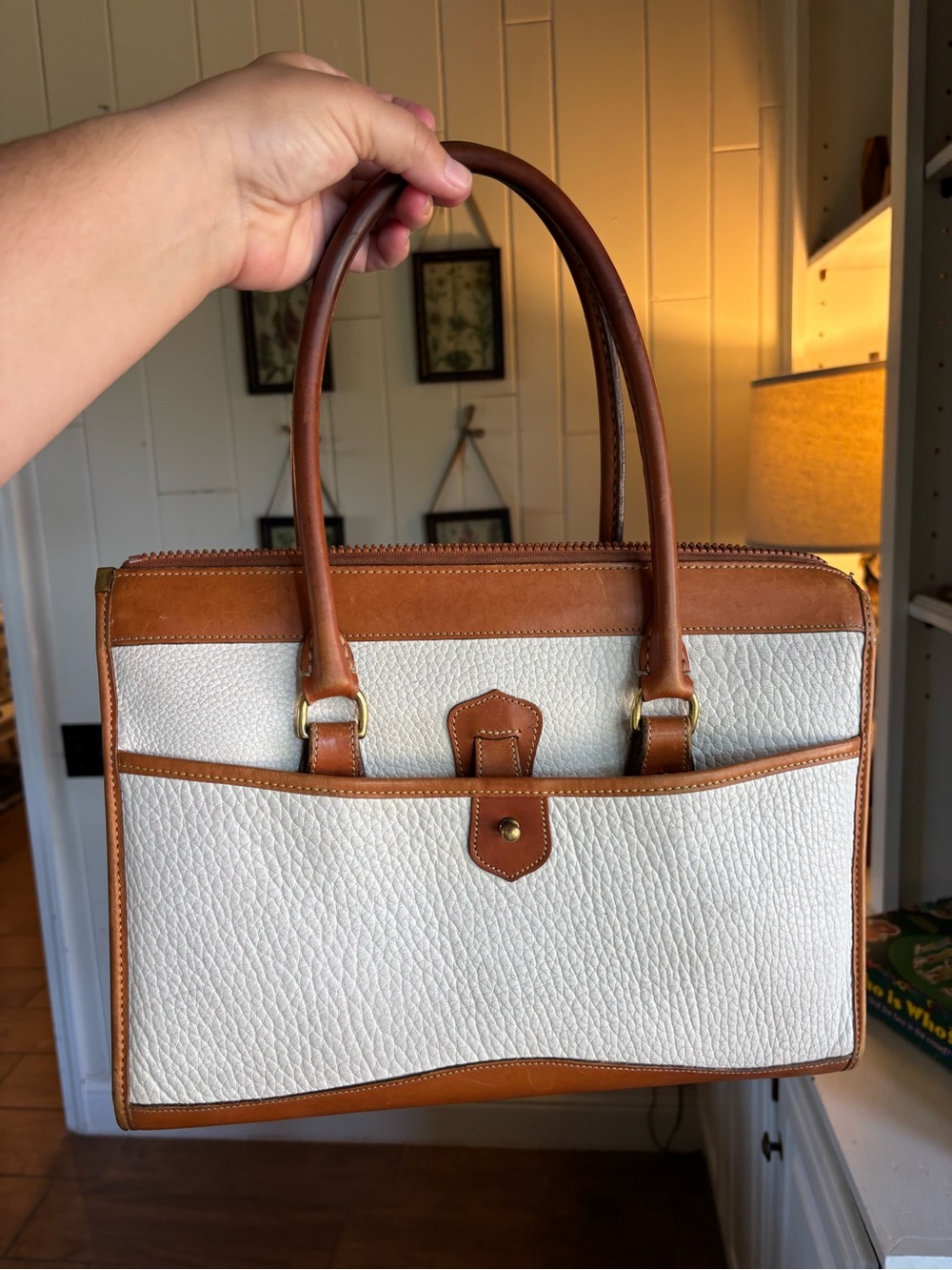 Vintage Dooney & Bourke All Weather Leather Satchel Cream Tan USA Made AWL
